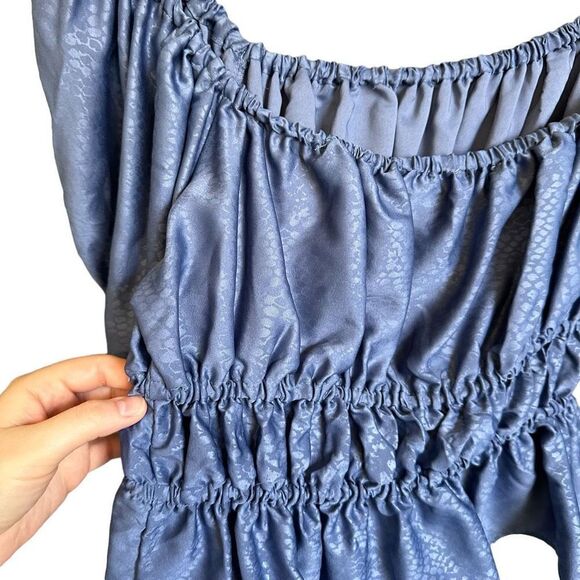 NSR Smocked Puff Sleeve Tie Front Off Shoulder Peplum Peasant Blouse - Picture 8 of 10